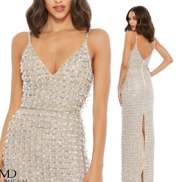 MAC DUGGAL 5394 BEAD EMBELLISHED COLUMN NUDE/SILVER GOWN sz 10 - Picture 1 of 16